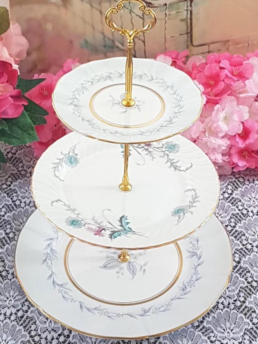 Wedding 3 Tier Bone China Cake Stand | Handmade Tea Party Dessert Server